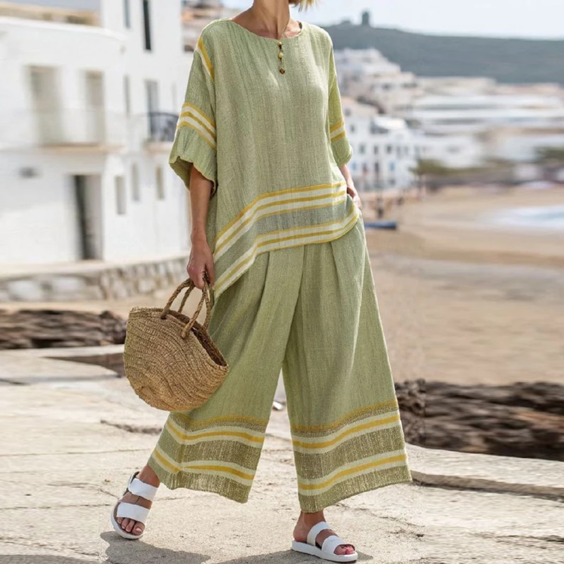 Vintage vakantie gestreept bedrukt casual tweedelige set dames half mouw hoge taille losse broek pak 2025