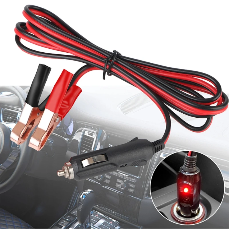Crocodile Clip Battery Extension Cord 15A Fuse 12V-24V With LED Lights Male Plug Adapter Power Cord Car Cigarette Lighter Socket