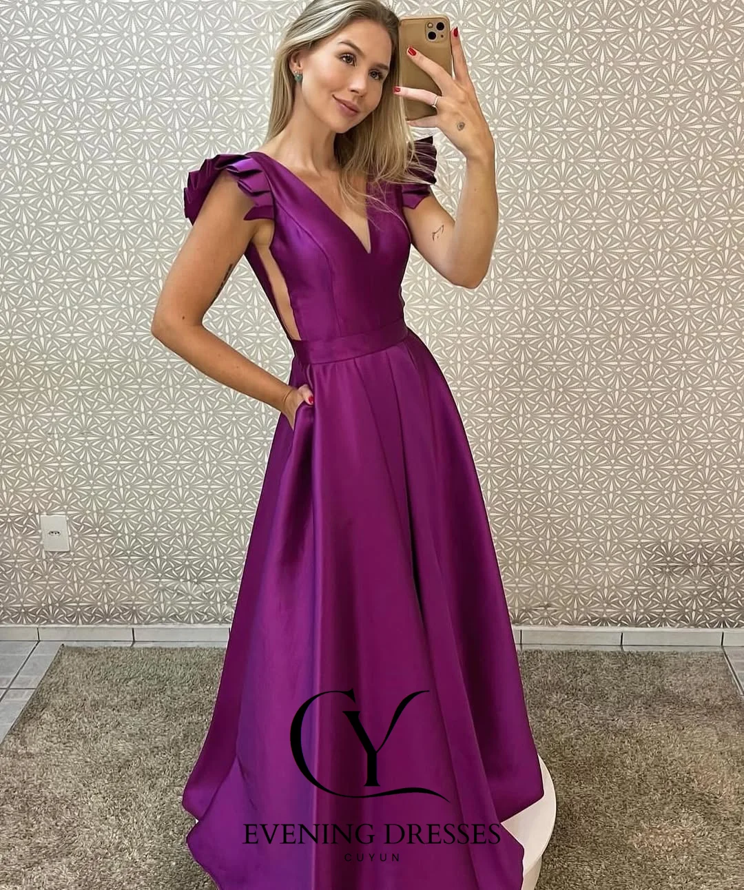 CUYUN – robe de soirée en Satin pour femmes, col en v, manches à volants, fente latérale, robe de bal personnalisée pour occasions spéciales