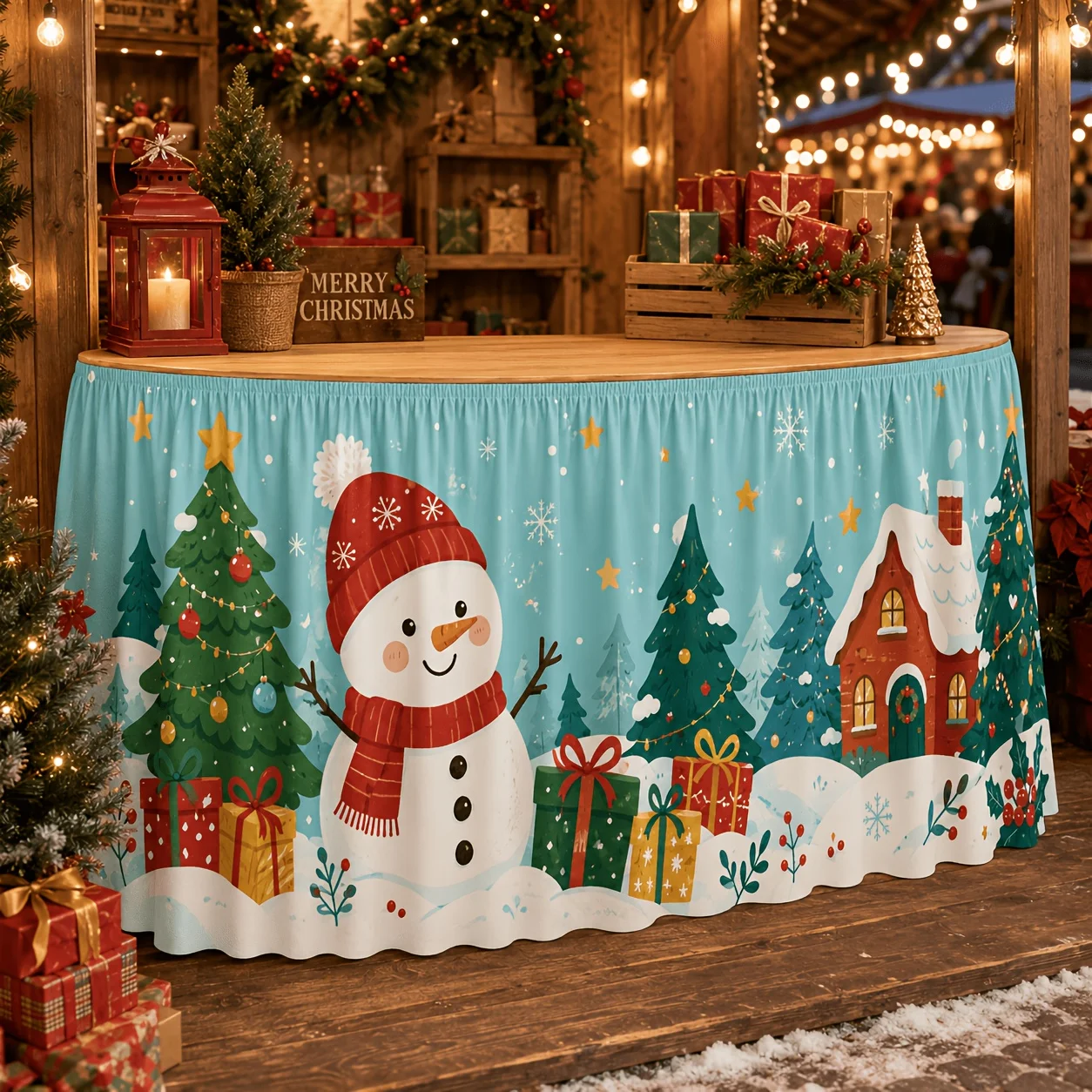 1 piece table cover table skirt, snowman snow hut decoration Christmas tree gift box, holly star snowflake cartoon print