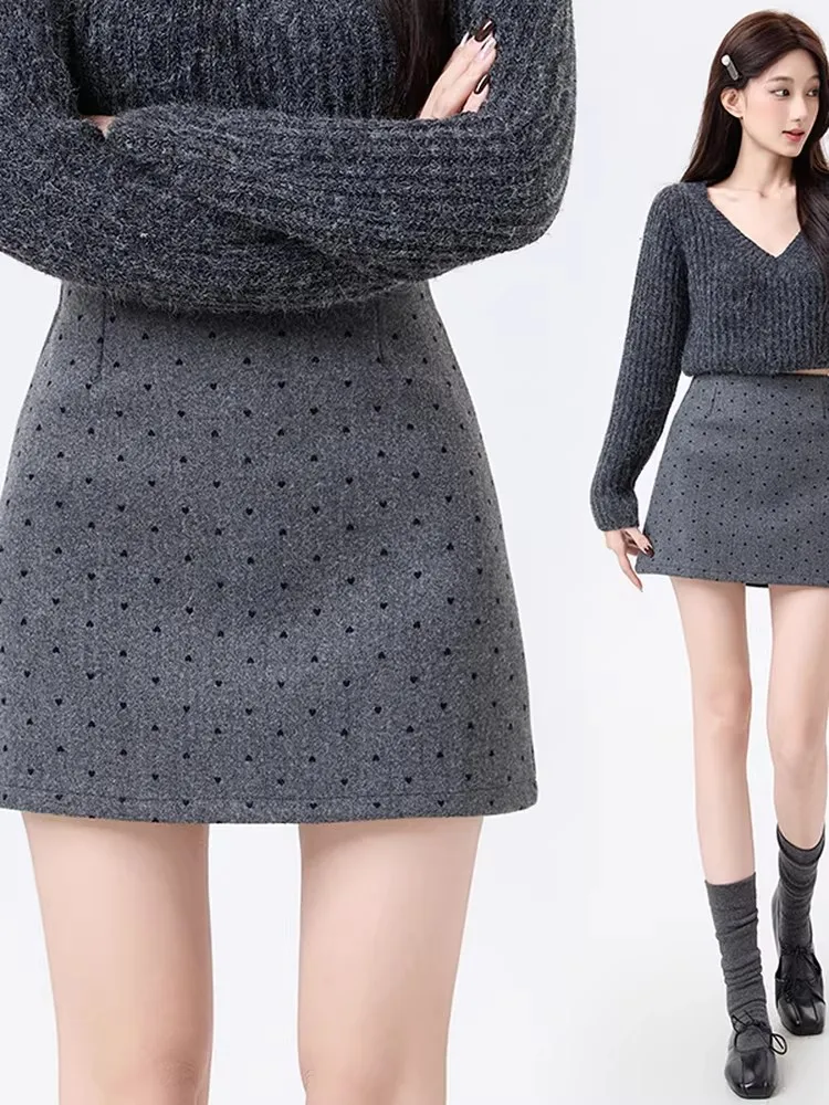 plus Size Deep Grey Polka Dot Woolen A-Line  Skirt Women's High Waist Slim Fit Wrap Body Skirts Fashionable Autumn Winter...