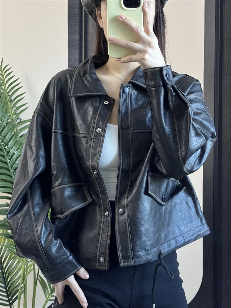 Retro Hong Kong Sle ort Loose Women's Leather Jaet Faionable Slimming Flip Collar PU Leather Coat Autumn Luxury Trend