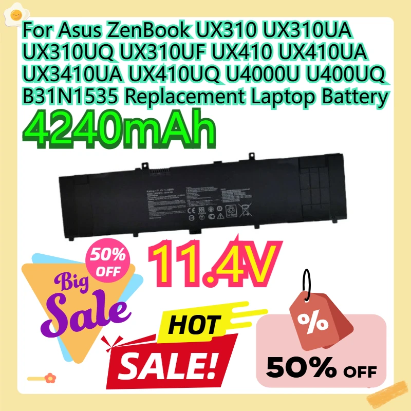 

For Asus ZenBook UX310 UX310UA UX310UQ UX310UF UX410 UX410UA UX3410UA UX410UQ U4000U U400UQ B31N1535 Replacement Laptop Battery
