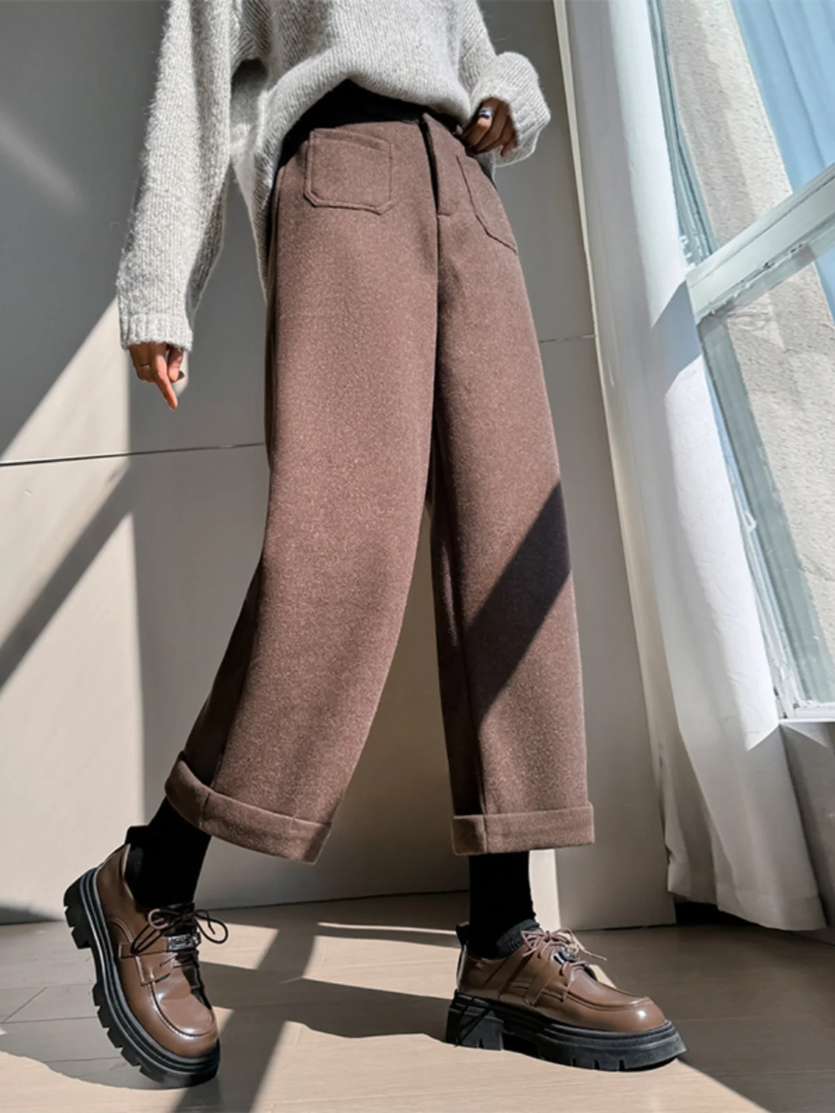 

Женские утепленные шерстяные брюки прямого кроя с высокой талией, в деловом стиле, осенне-зимние, широкие брюки в корейском стиле, простой дизайн