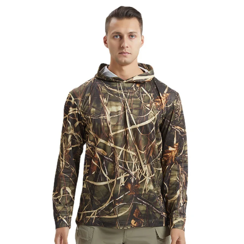 Men's Breathable Quick-Dry Long Sleeve Hoodie, UPF Sun Protective Camo Hooded T-Shirt for Outdoor Sports & Fitness Training
