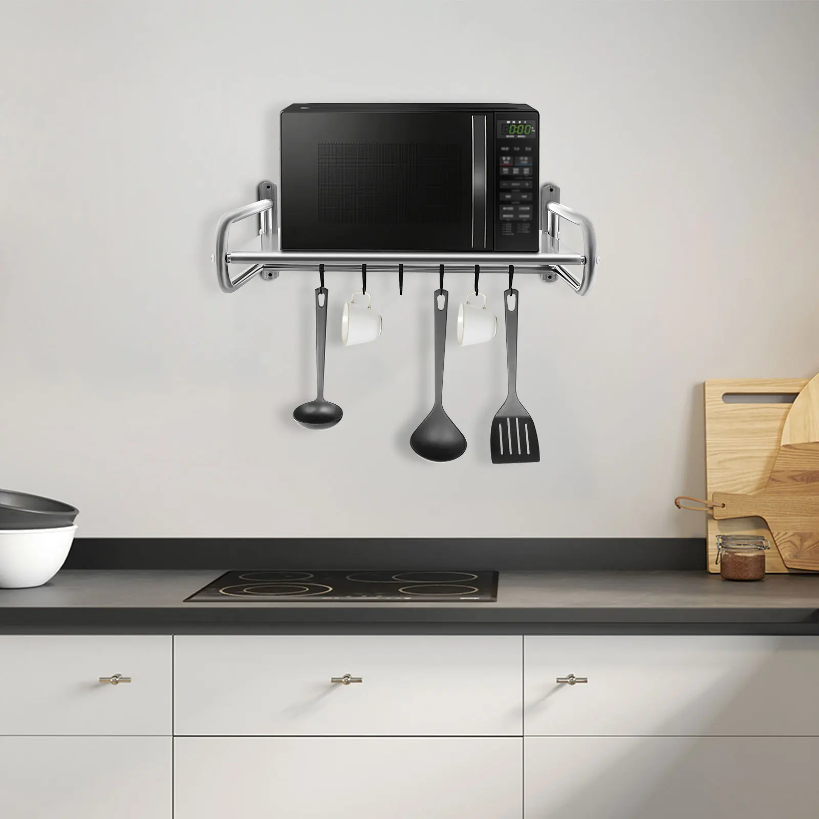 

2 Tiers Adjustable Microwave Stand, Stainless Steel Over Microwave Shelf Countertop with 6 Hanging Hooks for Kitchen Living Room