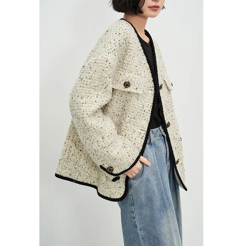 

Early Spring ort Woolen Coat Women's V-ne Thi Tweed Top Retro Sle Commute Straight Cut Long Sve Pure Color Jaet