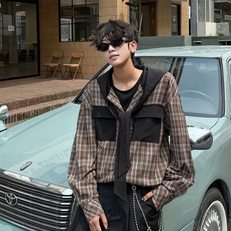 

Spring and Autumn 2025 new niche design long-sleeved shirt for men fashionable splicing versatile niche checked shirt for men