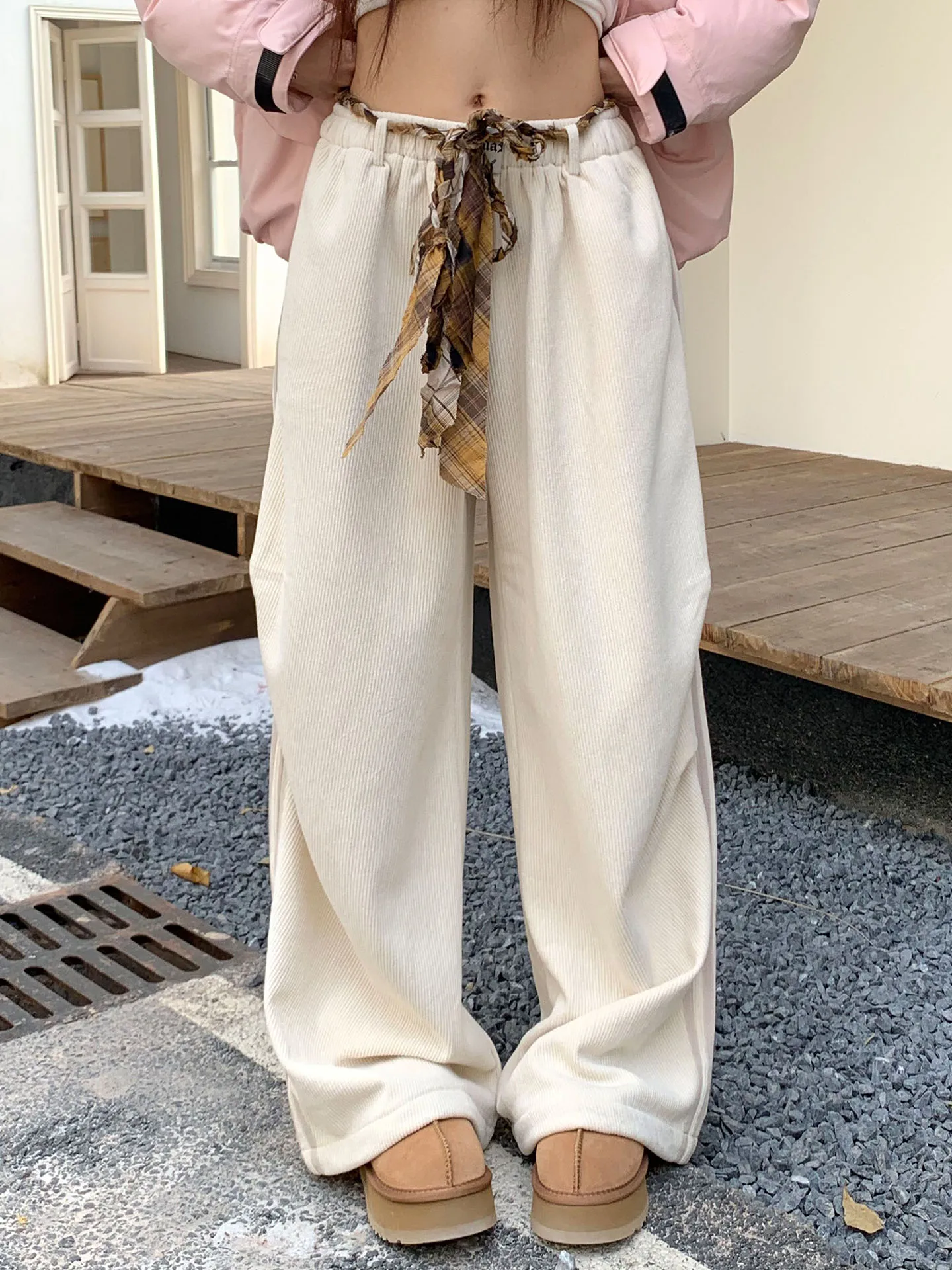 

Autumn Winter Women's Corduroy Casual Pants Elastic Waist Belted Fce Lined Wide Leg Pants Vintage Orange Tree Where