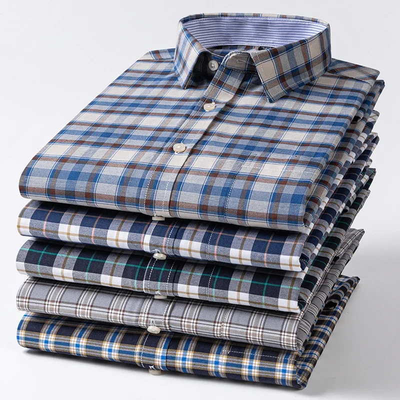 2025 New in 100% Pure Cotton Men Long Sleeve Social Shirt for Oxford Shirt Men Plaid Striped Work Casual Pocket Shirts