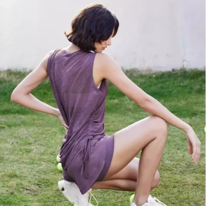 

American casual fitness yoga clothes loose women's sports vest summer thin drawstring running Pilates clothes women's top