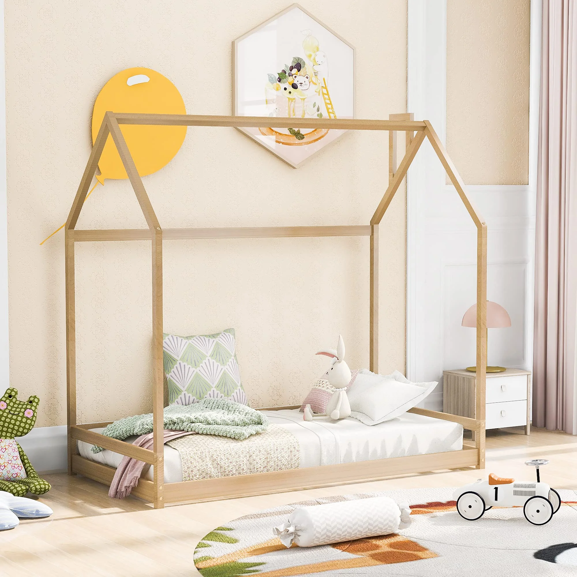 

Twin Size Wood House Bed with Roof for Kids, Teens, Boys & Girls, Wooden Bedframe in Natural Finishpromote sales