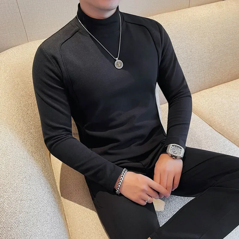 Autumn Winter Men Half High Collar Long Sleeve T Shirts High Quality Velvet Solid Color Slim Fit Casual T-Shirt Men Clothing 4XL