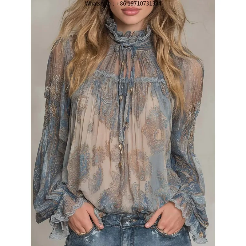 Women Vintage Boho Paisley Print Blouse Crew Neck Ruched Lace Up Chiffon Flared Puff Long Sleeve Vacation Top