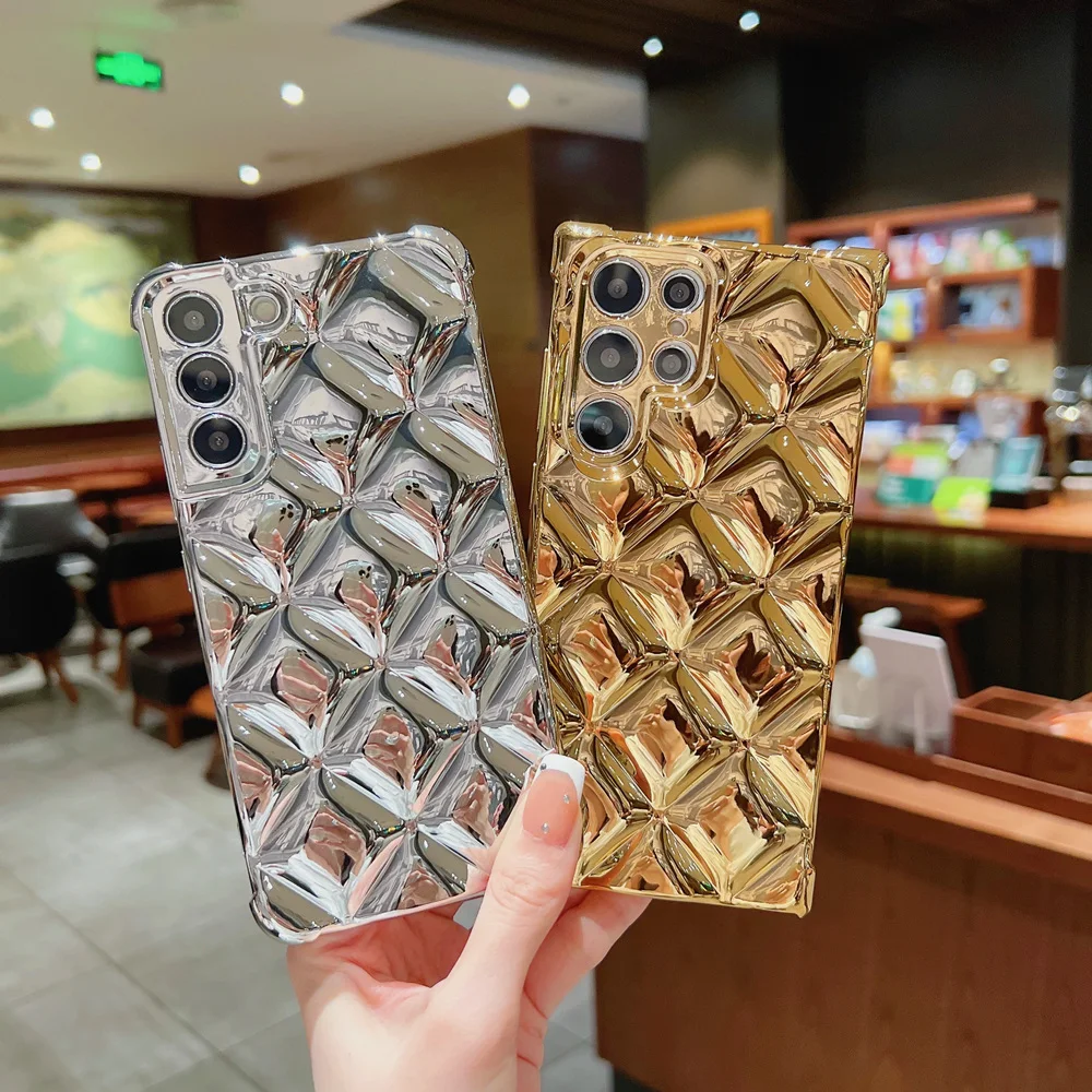 Glossy 3D Lozenge Plating Gold Silver Shockproof Phone Case for Samsung Galaxy S21 S22 Plus Ultra Soft Silicon Back Cover Coques