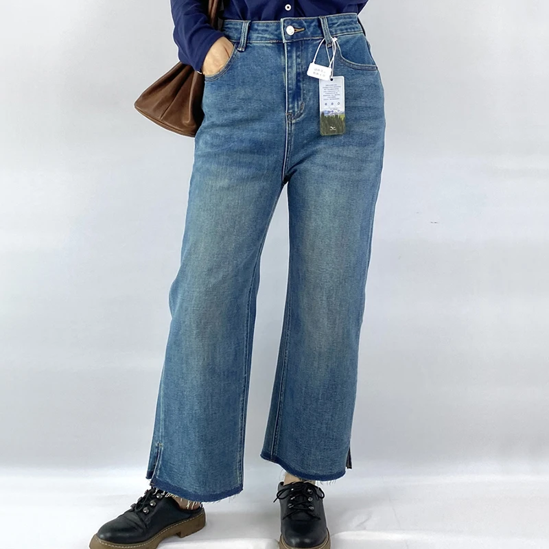 

Fashion Plus Size Women's Jeans Autumn Quality Casual Stretch Denim Slit Leg Opening Fringed Straight Ankle-length Pants 115