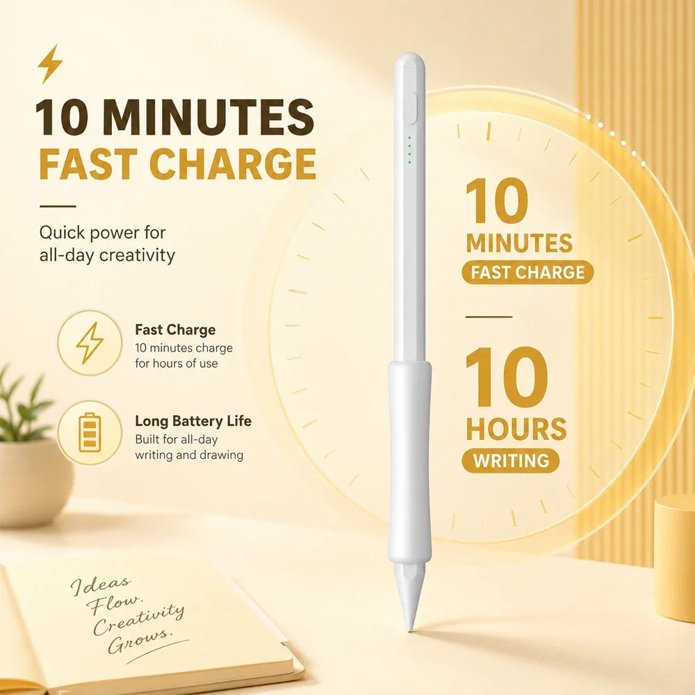 White Stylus Pen for iPad 10Min Fast Charge 10H Writing Palm Rejection Tilt Magnetic LED Battery Auto Sleep Comfort Grip Drawing