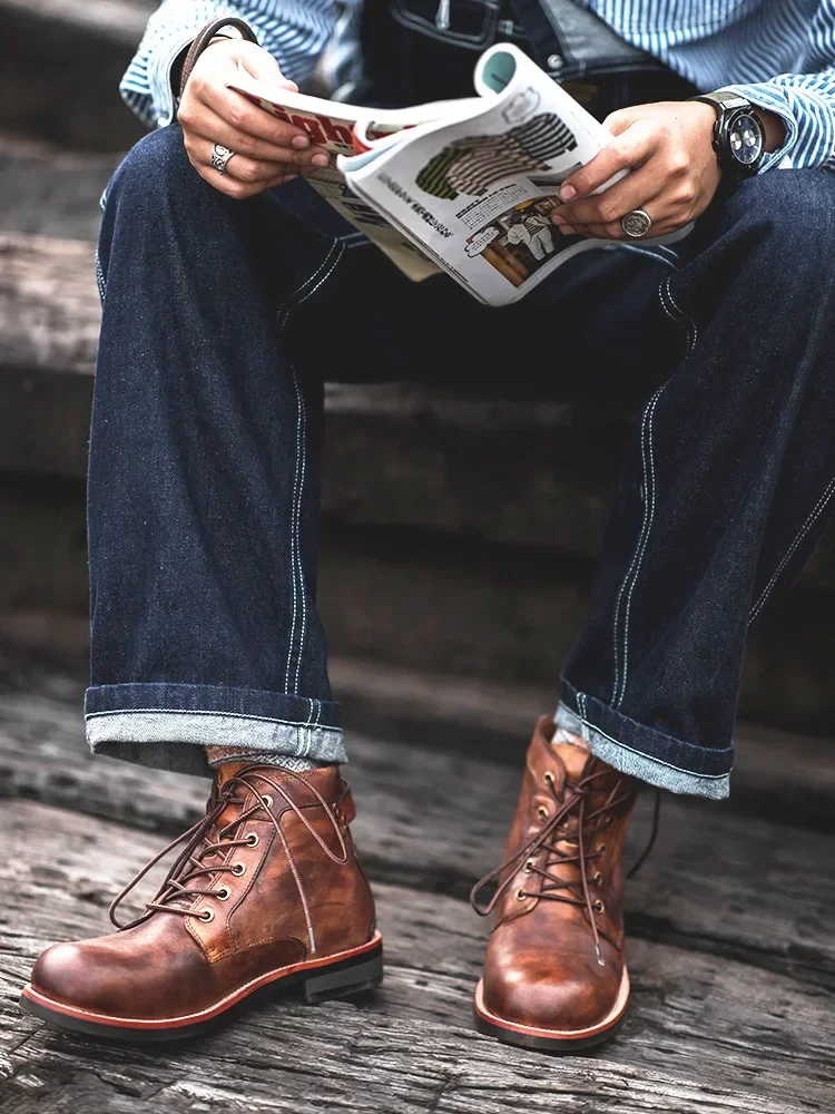 Handgemaakte Lederen Heren Laarzen Retro Ronde Neus Enkellaarzen 2023 Herfst Winter Punk Street Style Motorlaarzen Mannen Dikke Botines