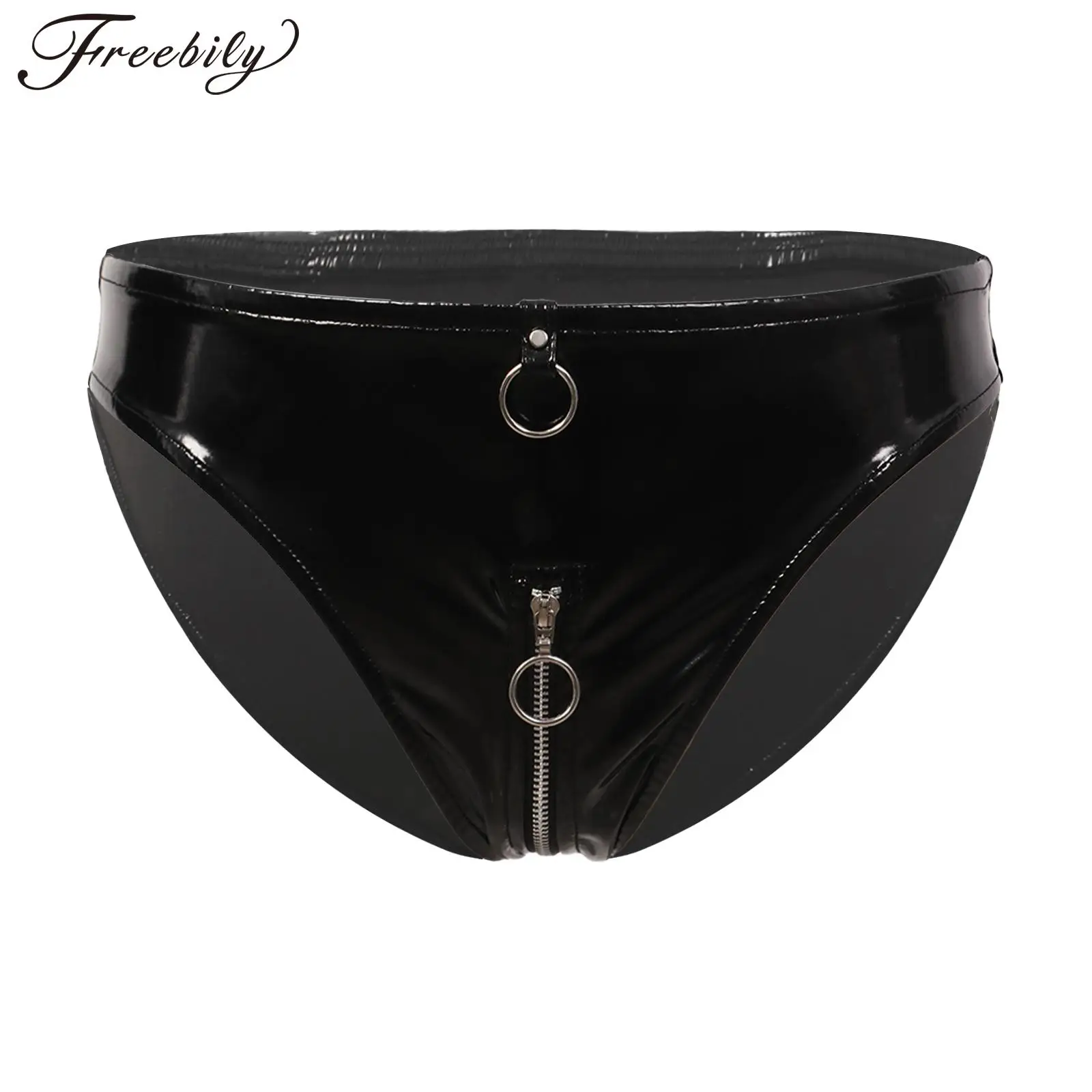 Women Wet Look Zipper Crotch Briefs Pole Dancing Clothing Patent Leather Low Waist Panties Nightclub Stage Costume Clubwear