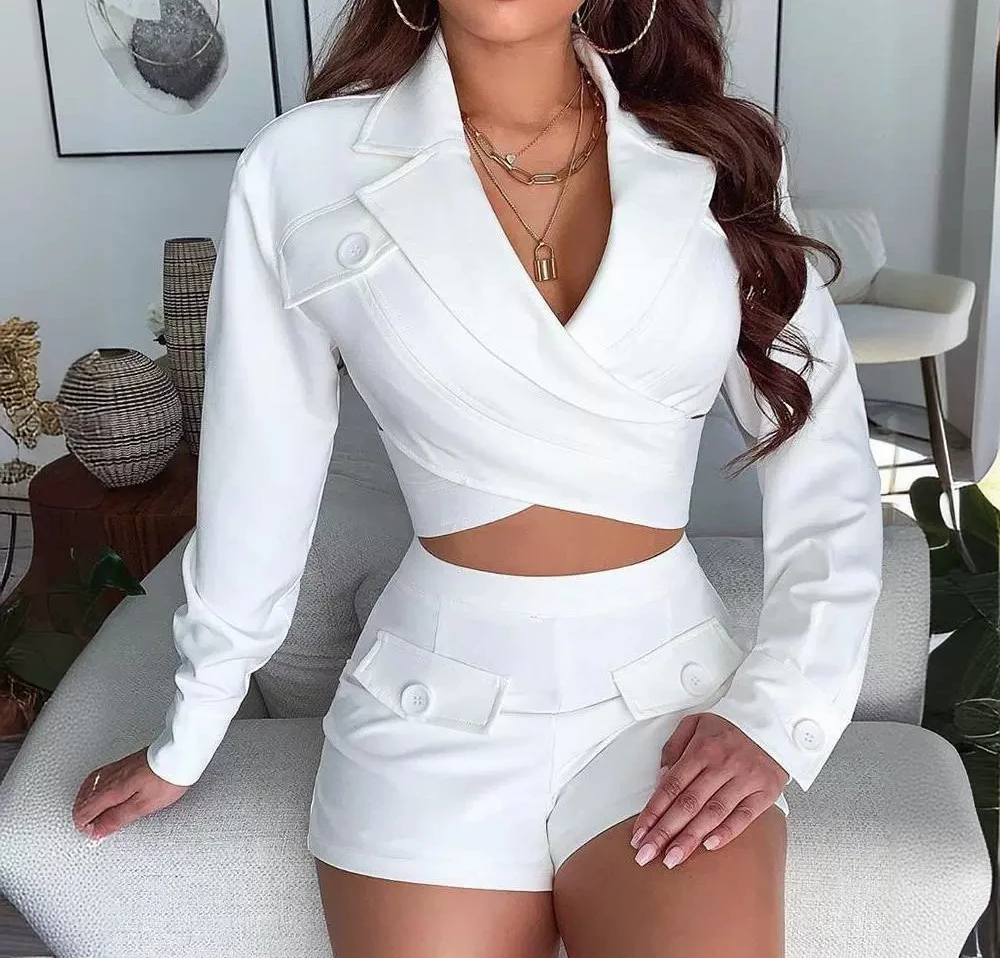 Elegant Women\'s Sets with Short and White V-neck Cross Top New Summer 2024 Long Sleeved T-shirt and Half Pants Suit for Female