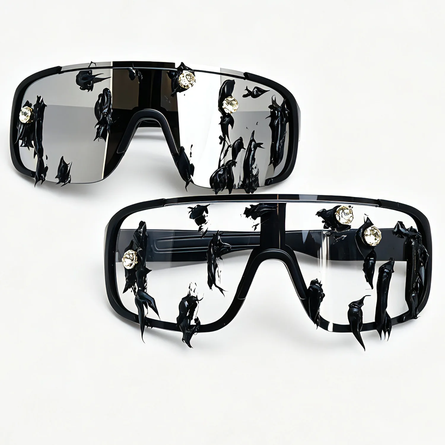 Trendy Dark Cyberpunk One‑Piece Oversized Irregular Rhinestone Glasses Stage Performance Club Disco Fashion Eyewear Accessory