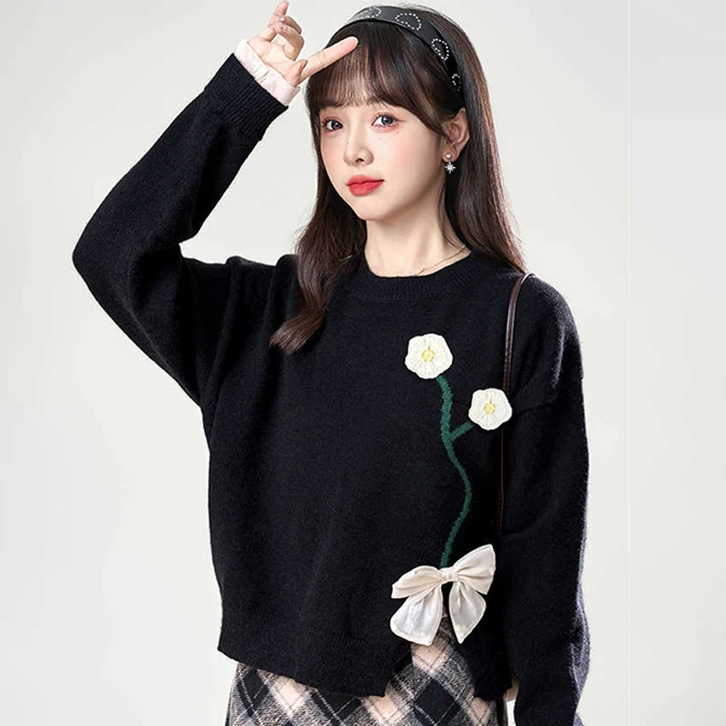 Flower Bow Patchwork Forked Tops Long Sleeve Pullovers Casual All Match Sweater