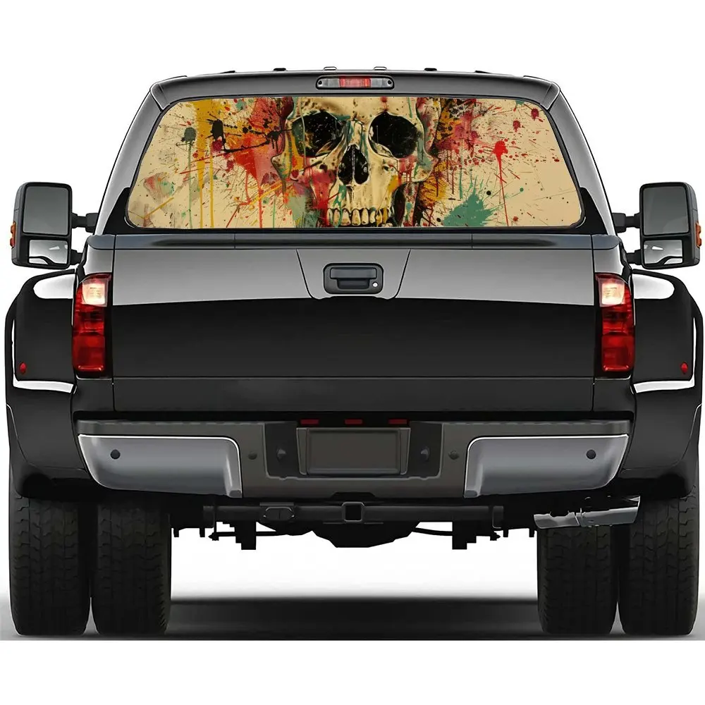 Blood Splattered Skull Head Car Rear Windshield Sticker Truck Window See Through Perforated Back Window Vinyl Decal Decoration