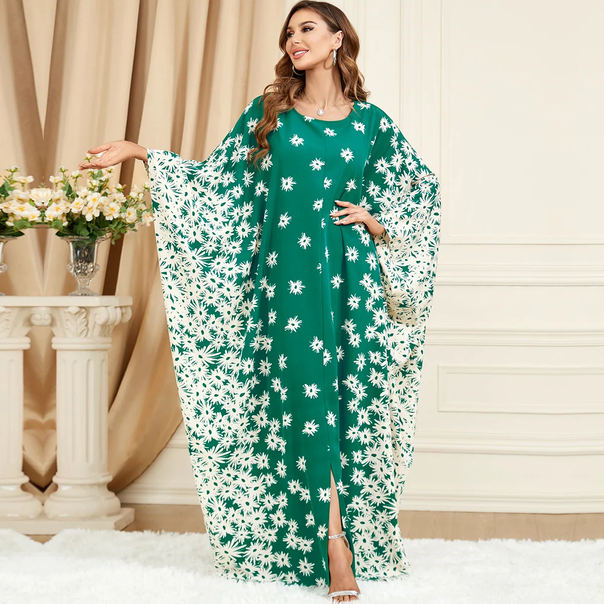 

Fashion Floral Casual Batwing Sleeve Big Size Abayas For Muslim Women Saudi Turkish Dresses Islam African Eid Outfits 2024