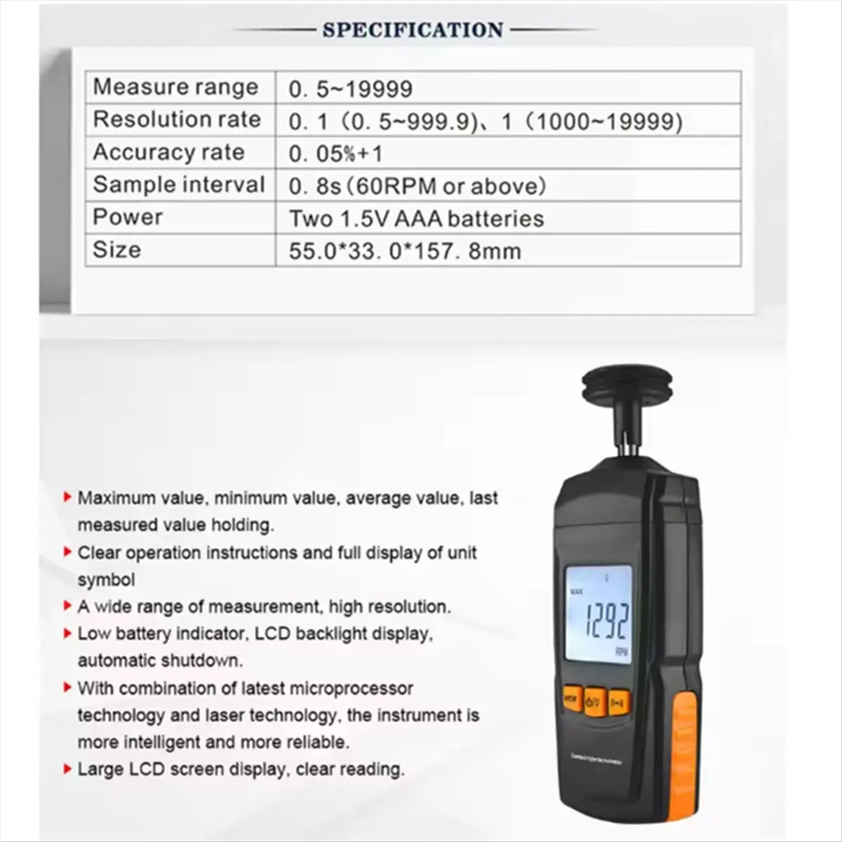 (AIMA) Handheld Digital Tachometer Contact Motor Tachometer Speedometer Tach RPM Tester Wide Measuring Rang 0.5 - 19999 RPM