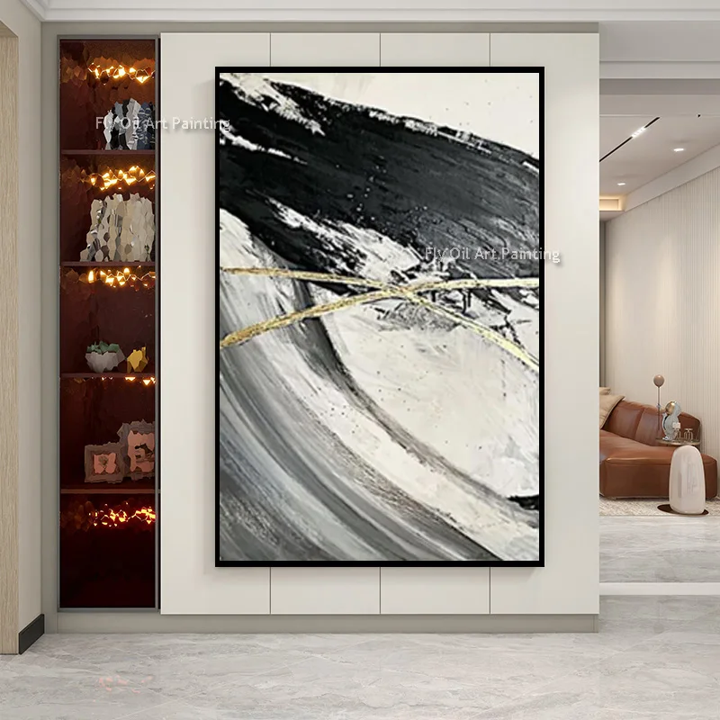 White Black Simple Abstract Canvas Thick Wall Art Decor For Room Hand Drawn Grey Yellow Black Oil Painting Special Artwork Items