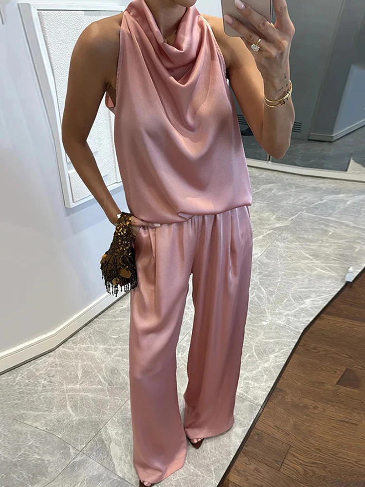 

Pile Collar Sleeveless Top Wide Leg Pants 2CPS Sets, Women Summer Loose Elastic Waist Chic Outfit, Solid Patchwork Ladies Suits