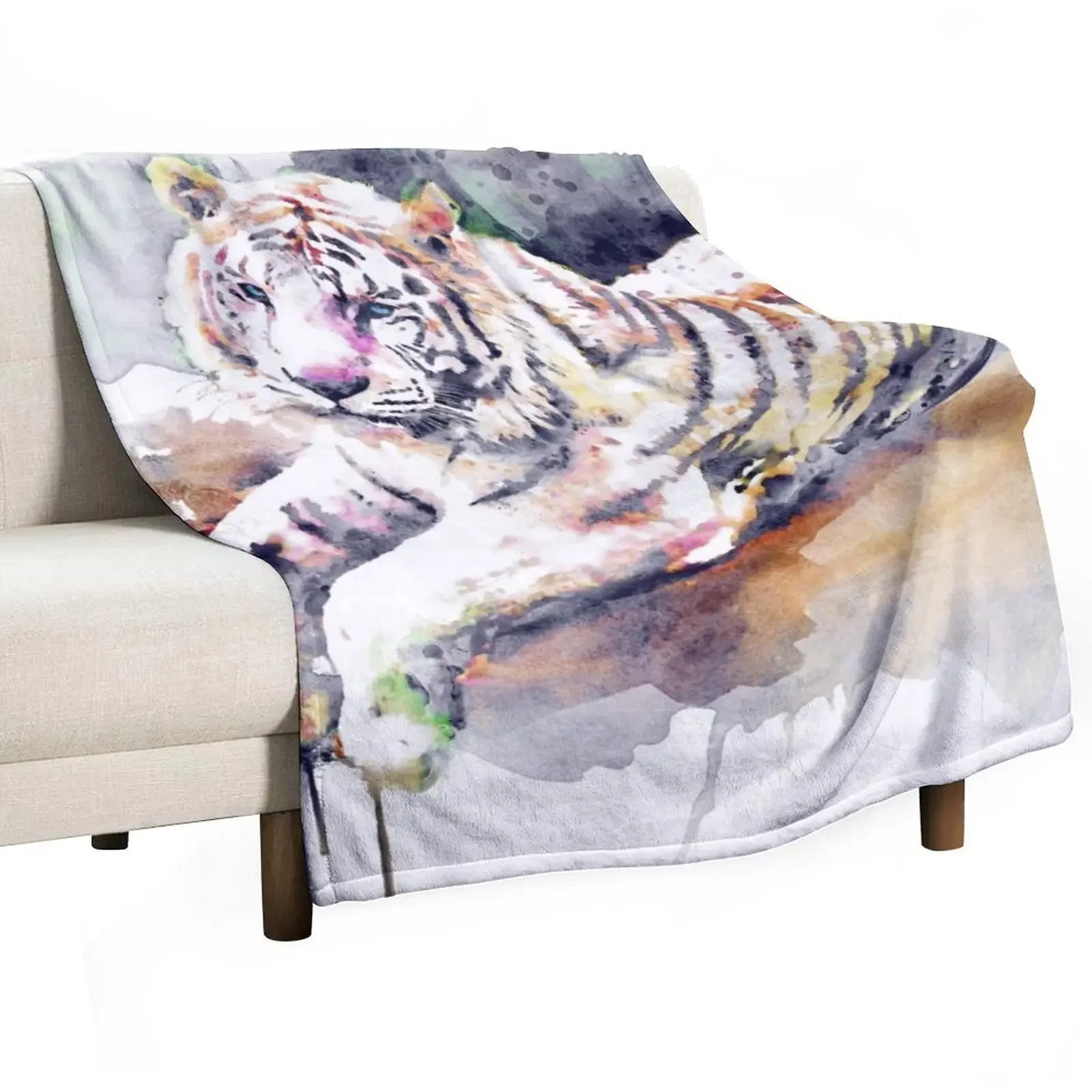 Resting and Alert Blue Eyed White Tiger Throw Blanket Hair anime halloween cosplay anime Blankets