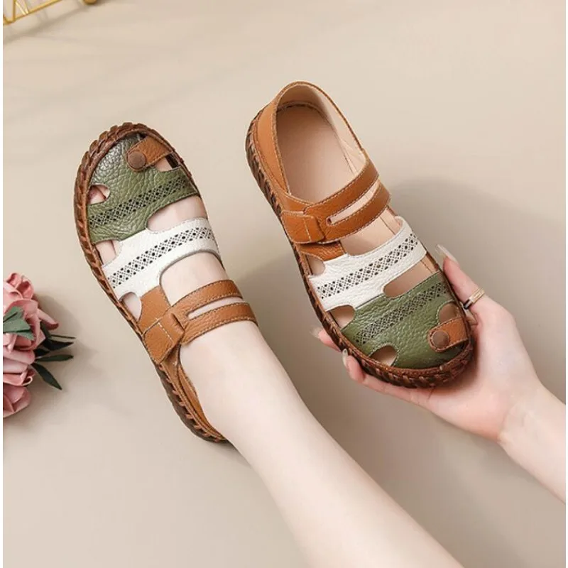 Cowhide Mom Sandals Women's Summer Non Slip Soft Soled Genuine Leather Women's Shoes Comfortable Flat Bottom Large Size 43