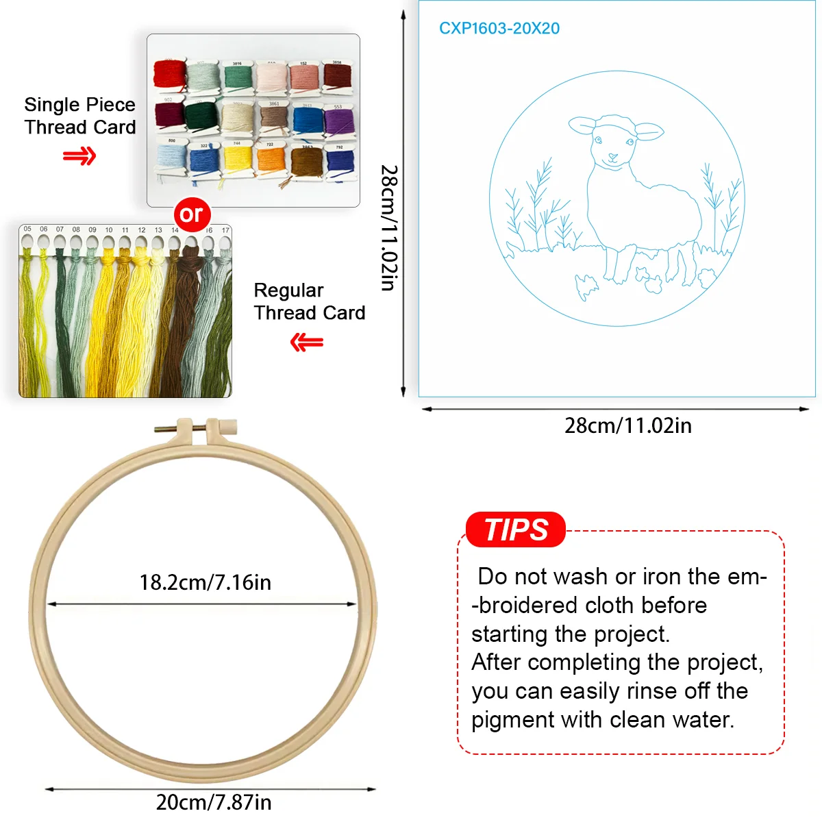 1 Stück 20X20CM/15X15CM 7,87/6,3 Zoll Lamm-Stickerei-Starter-Kit DIY-Kit DIY-Stickerei-Set Handarbeiten Malerei Nähen Kunst – Detail 5