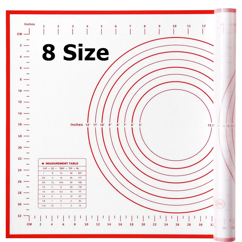 8 Size Silicone Baking Mat Reusable Nonstick Baking Sheet Thick Dough Rolling Mat with Measurements and Edge Heightening JT606
