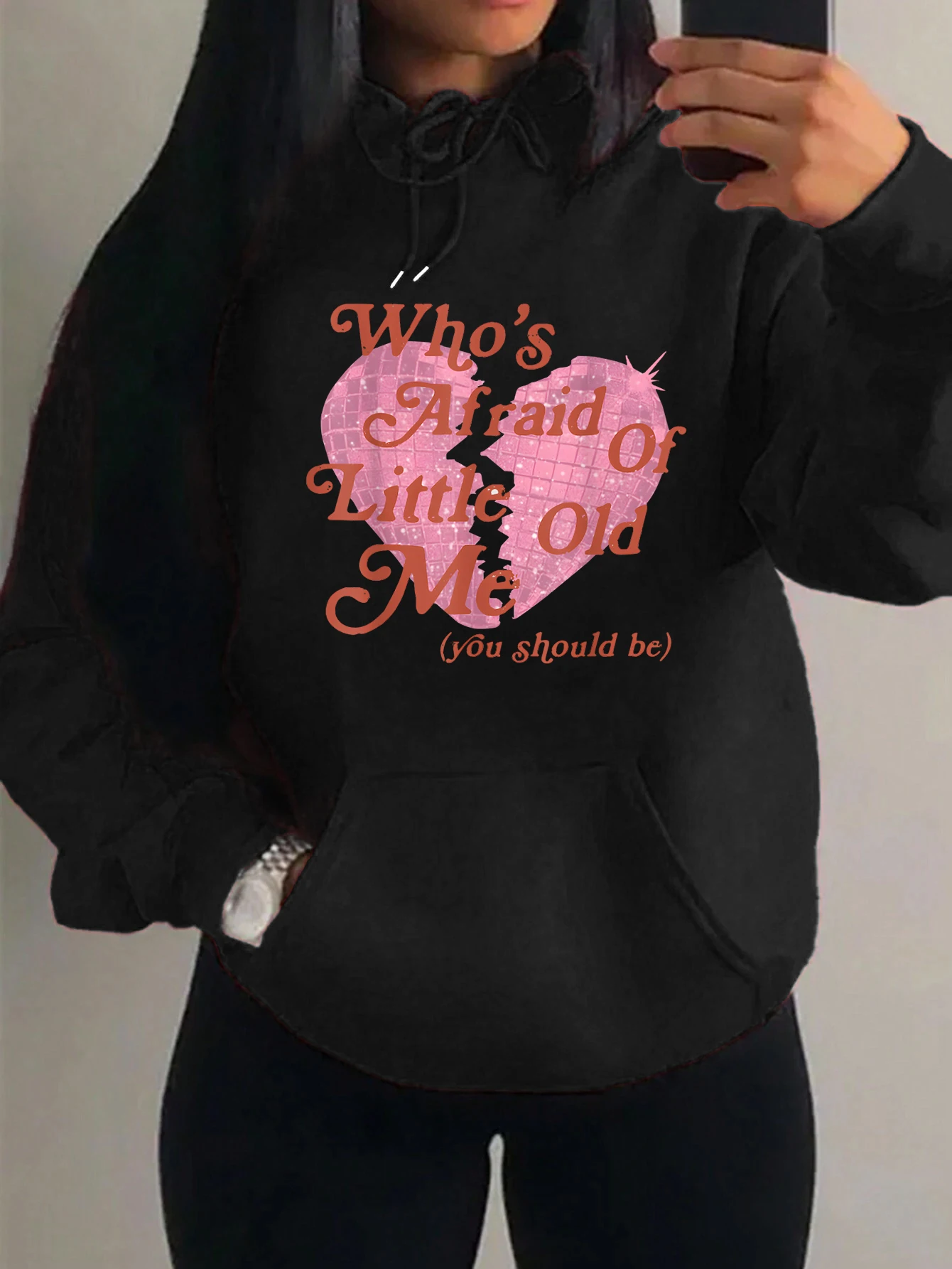 Who'S Afraid Little Old Me Broken Heart Print Women Y2K Tops Hip Hop Fleece Hoodie Creativity Streetwear Loose Soft Hoodies