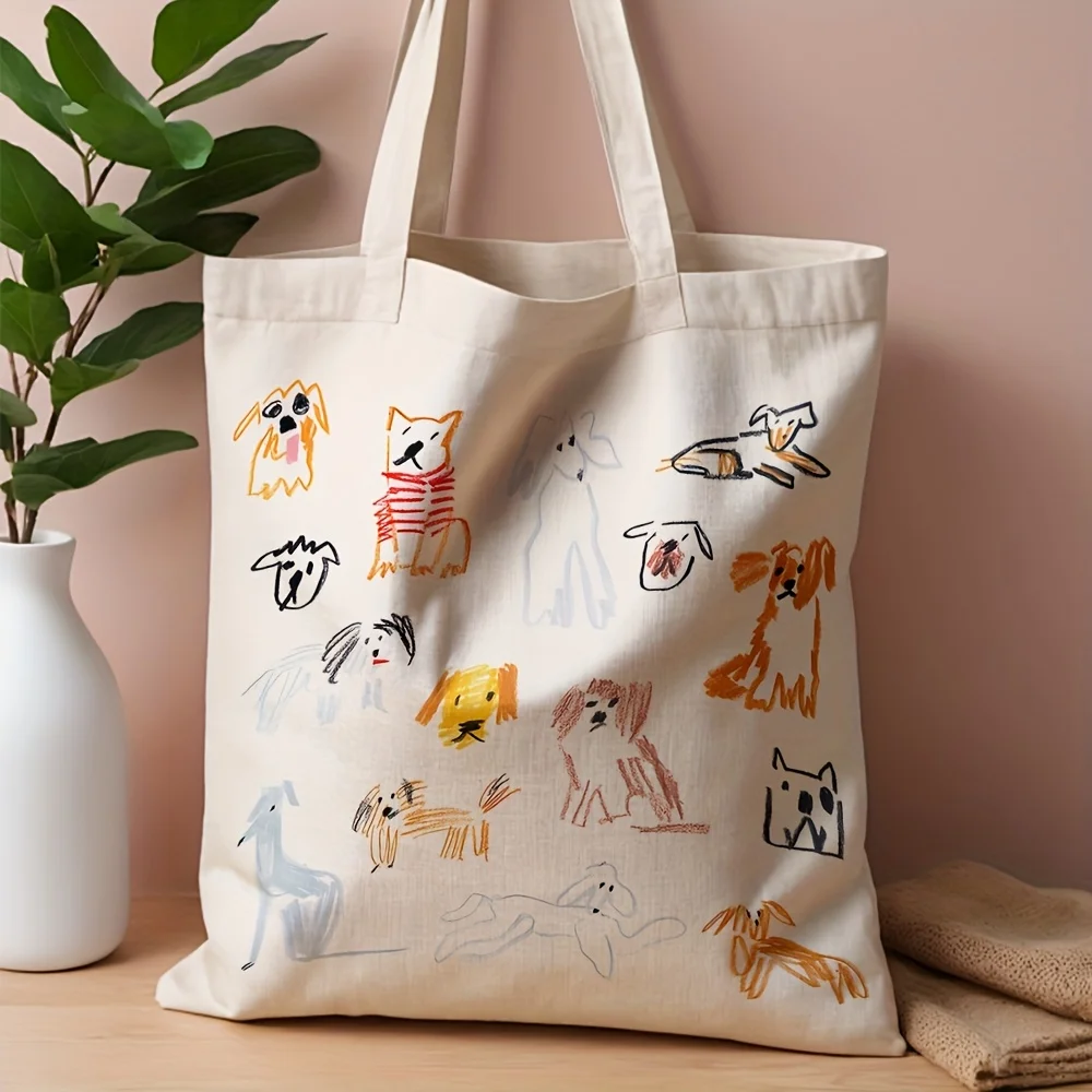 A Interesting dog pattern print canvas tote bag, suitable for daily use, shopping, school, and travel