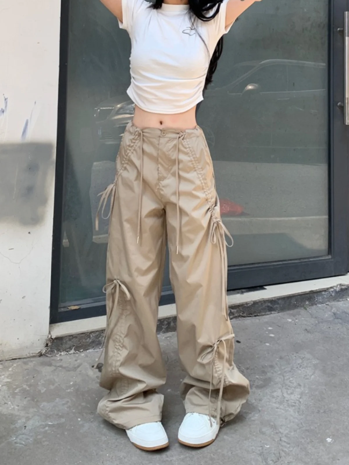 Women Oversize Y2k Cargo Pants Baggy Vintage Streetwear Harajuku Pink Bow Pants High Waist Wide Leg Trouser 2000s Trashy Clothes