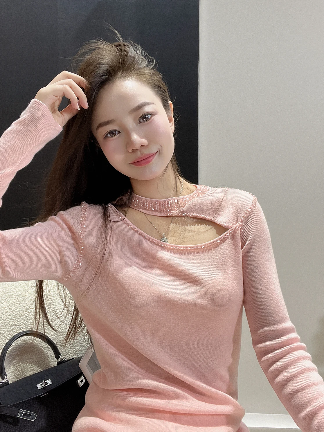 

Bling Crystal Embellied Hollow out Knitted Wool Base irt Sexy Faionable Inner Wear Top Diamond Studded Women's Knitwear