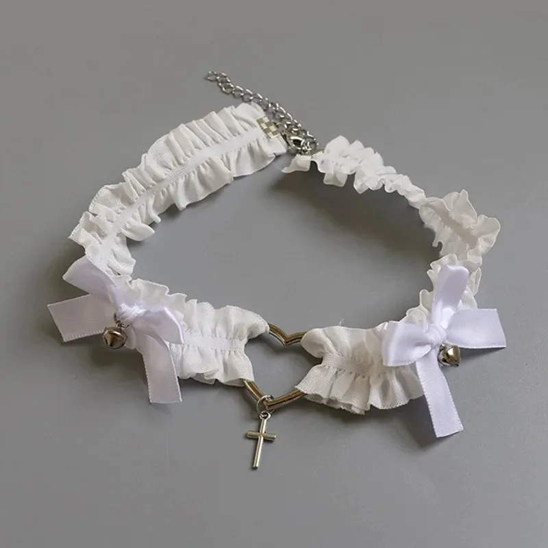 Liguero de encaje gótico con lazo en forma de corazón, ligas cruzadas de pierna de Lolita, Gargantilla elástica blanca y negra, arnés de lencería Bondage para Cosplay