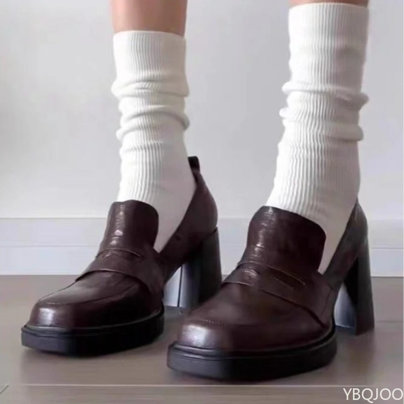 

Женские лоферы на высоком каблуке с квадратным носком в стиле ретро, весенние новые модные универсальные женские туфли в студенческом стиле, 2026