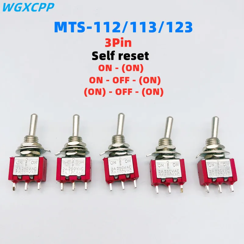1/5 sztuk, czerwony Mini 3Pin 6mm 2/3 pozycja, samoczynne resetowanie przełączniki dźwigniowe ON-(ON)DPDT, przełączniki dźwigniowe 6A/125V 3A/250V AC MTS-112