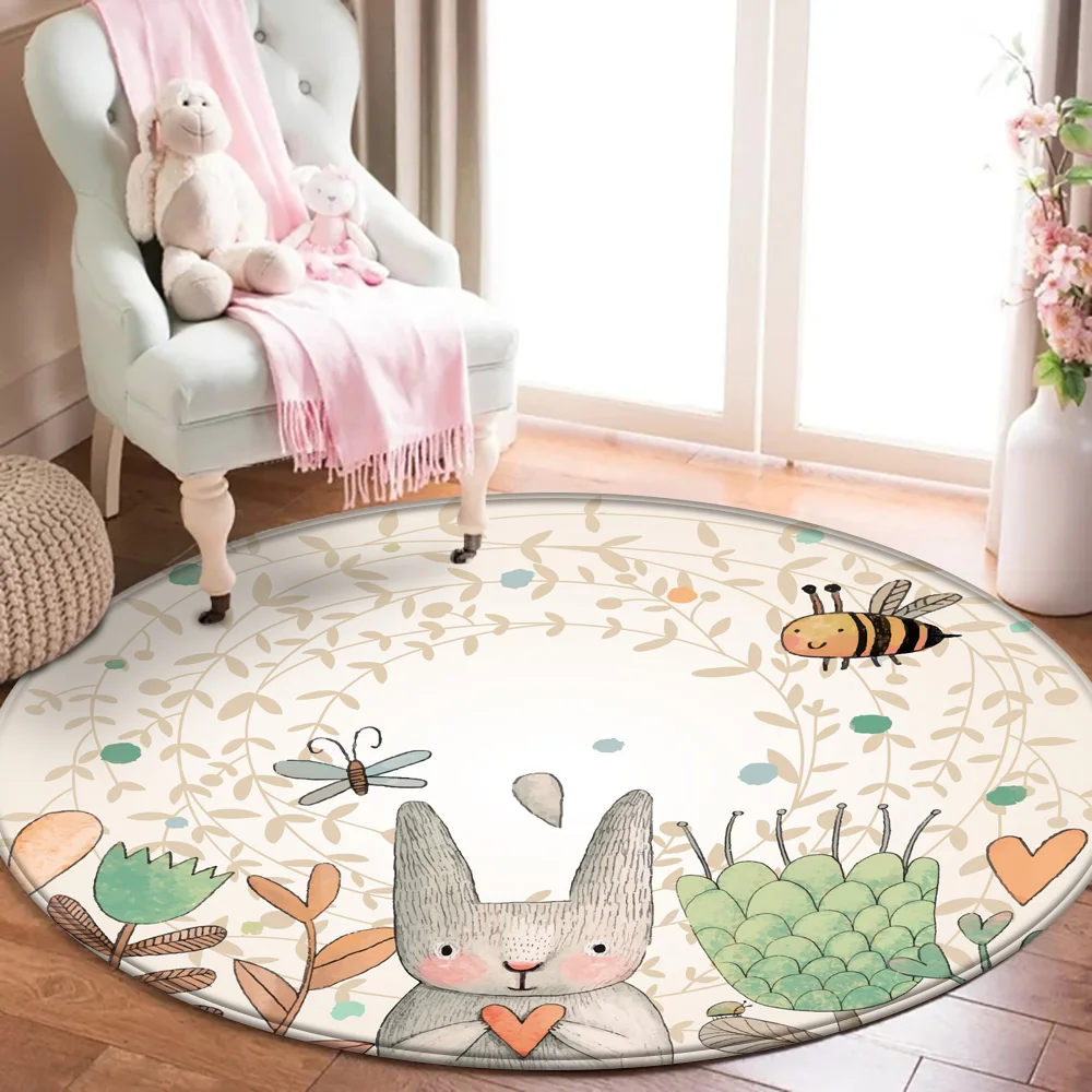 Baby Play Mat Round Children Carpet Simplicity Animal Bunny Bee Pattern Children Flannel Carpet Baby Hand Print Round Carpet