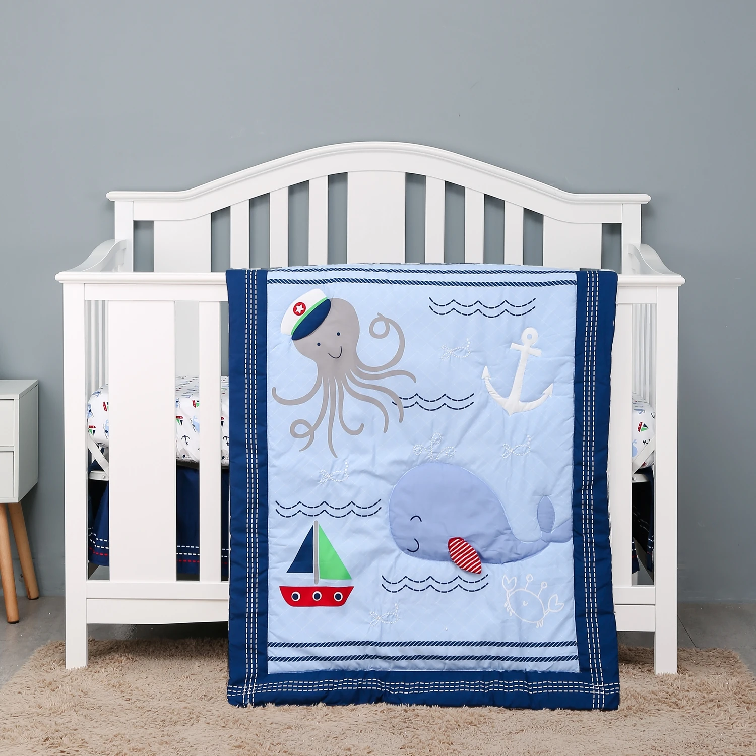 Baby Bedding Set Ocean Theme Crib Bedding Set Baby Crib Soft Infant Bedding 3Piece Comforter Fitted Sheet Crib Skirt