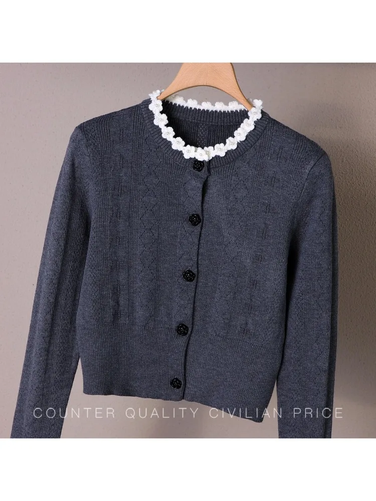 French Elegant Sweet Knitted Skirt Set Beaded Round Neck Long Sleeve Cardigan High Waist Pleated Skirts Two-Piece Set for Women