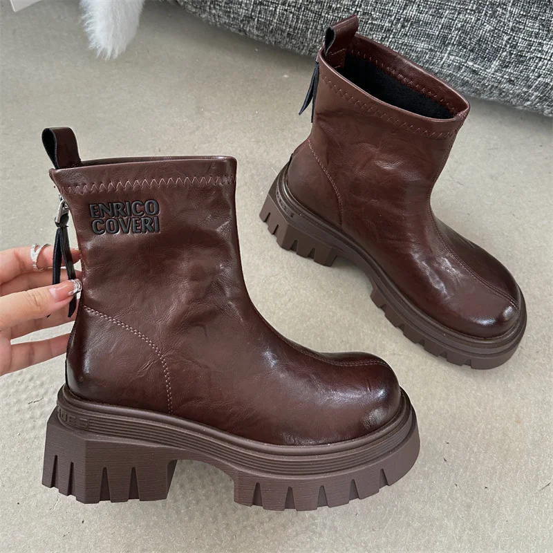 Women Ankle Boots 5cm Chunk Heels Round Toe High Heels Boots For Ladies Punk Fall  Platforms Shoes Black Bottes Talons Femme image 4