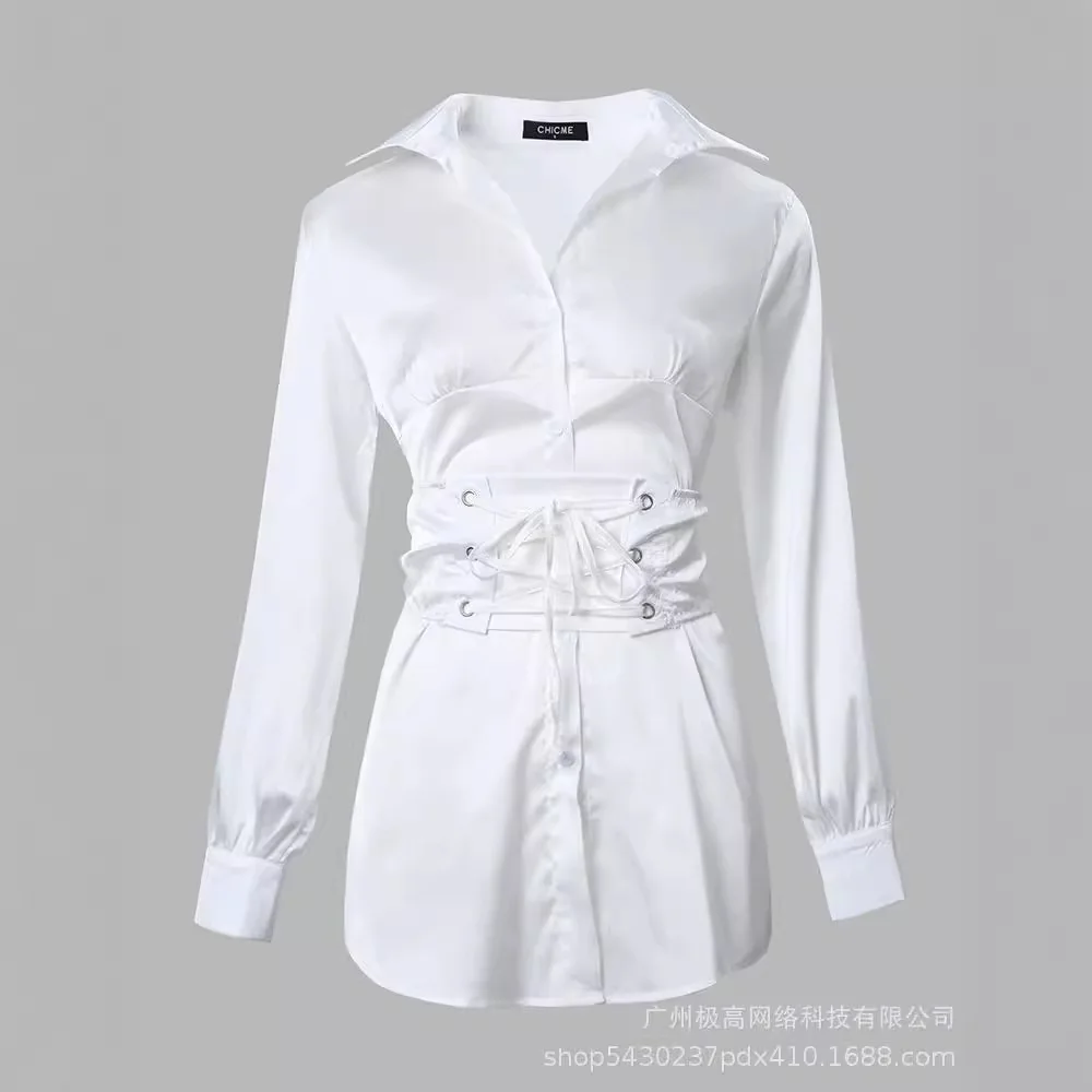 2024  Women\'s Clothing New White Lace-up Shirt Dress Mini Fashion V Neck Sheath Slim Mini Dress