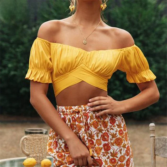 

Летняя блузка с открытыми плечами, женский укороченный топ с бантом, пляжная рубашка, корейская футболка Bubble Sve ort, облегающая длина