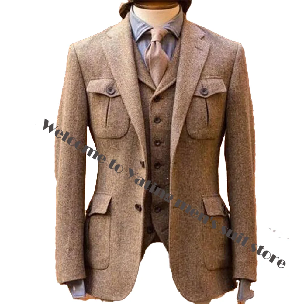 Terno masculino com padrão de espinha de peixe, calças de 3 peças, colete, jaqueta, blazer formal de negócios, roupa masculina bonita