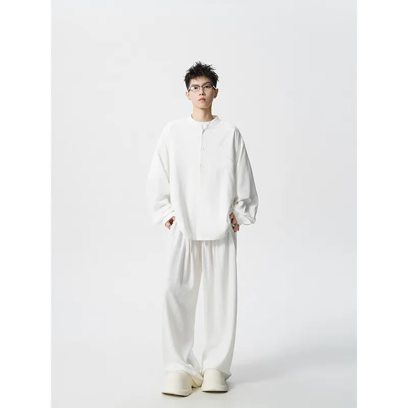 

Men's Vintage Style Two-Piece Set Plain Color Pants Set 2026 Trendy Loose Fit Stand Collar Shirt and Wide Leg Pants Outfit